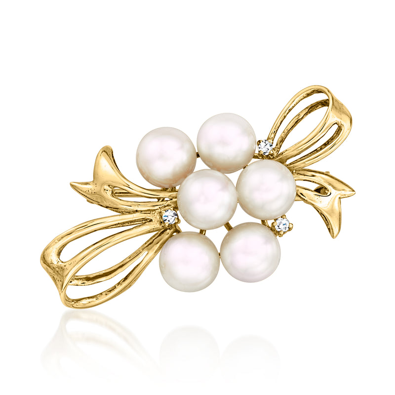 Vintage 14k yellow gold bow pin with white cultured pearl cluster and small diamond accents