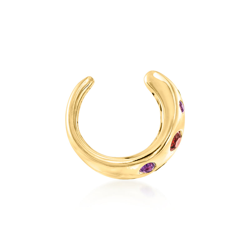 Gold-tone open cuff earring with multicolor gemstone accents along curved edge