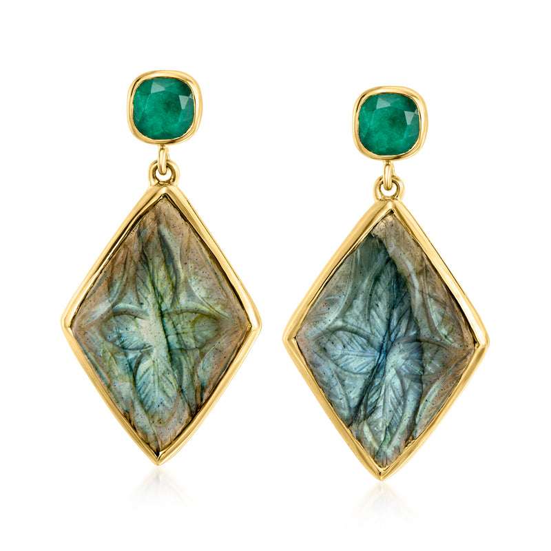Gold-tone drop earrings with green cabochon tops and marbled labradorite diamond drops