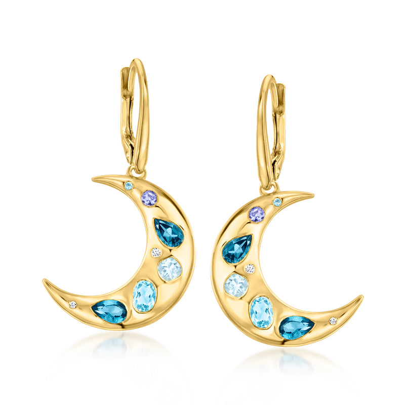 Gold moon drop earrings with blue gemstones and small clear stones, leverback closure