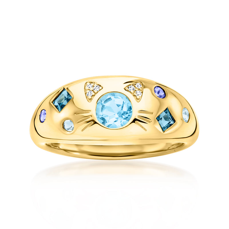 Gold cat-themed ring with light-blue oval center stone and small blue gems, 18kt look
