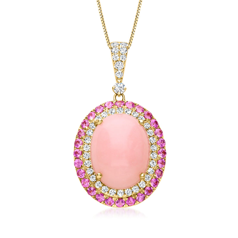 14kt yellow gold pink gemstone pendant necklace with oval pink center and gemstone halo