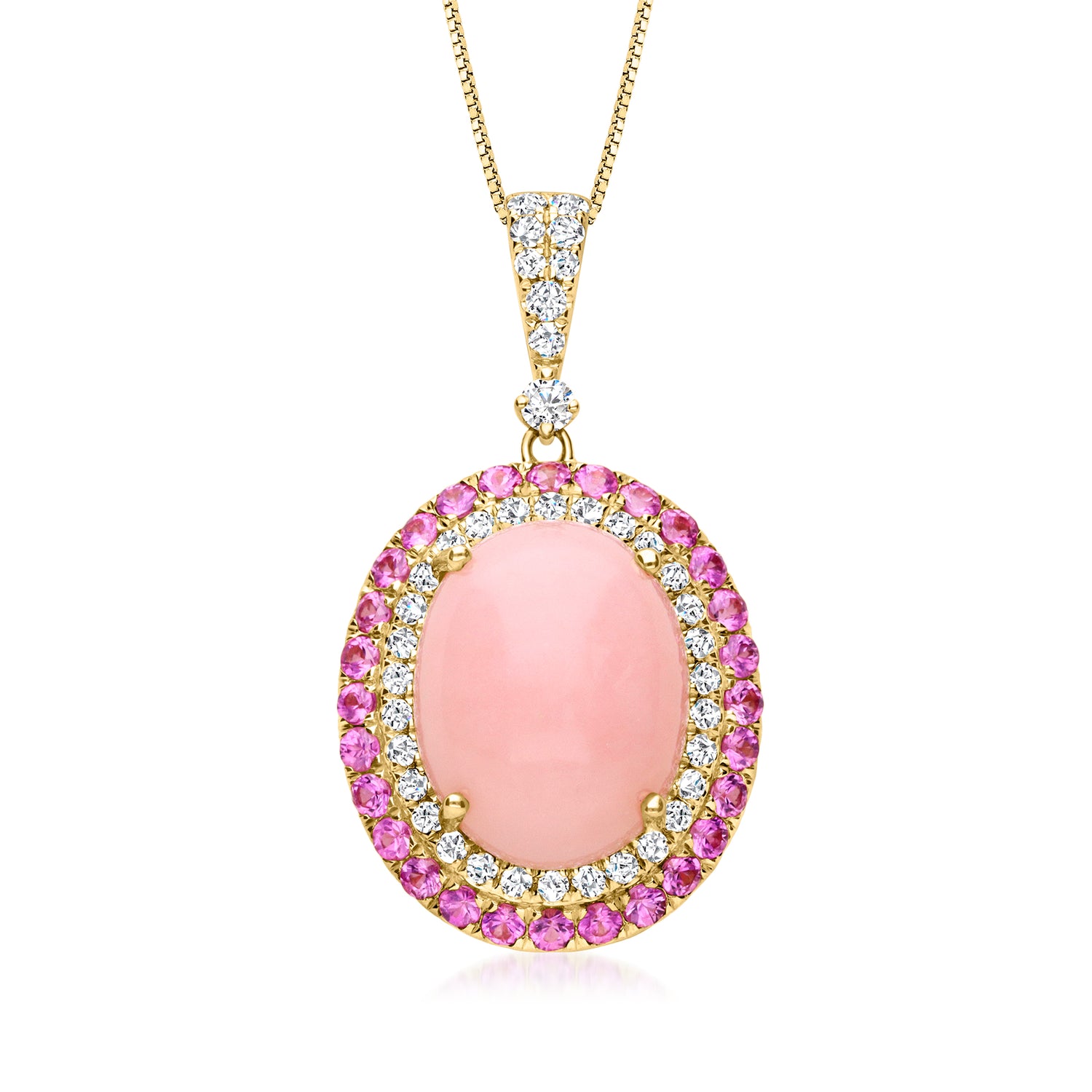 Pink Opal, .70 ct. t.w. Pink Sapphire and .40 ct. t.w. Diamond Pendant Necklace in 14kt Yellow Gold