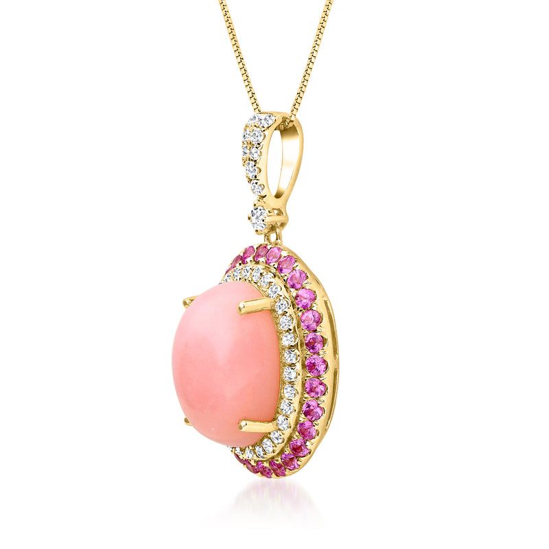 14kt yellow gold pendant necklace, side view of oval pink center with pink halo bezel