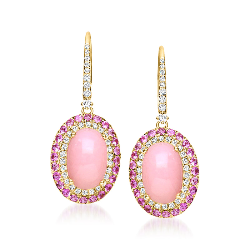 Pink sapphire and diamond halo drop earrings in 14kt yellow gold, leverback, pink oval.