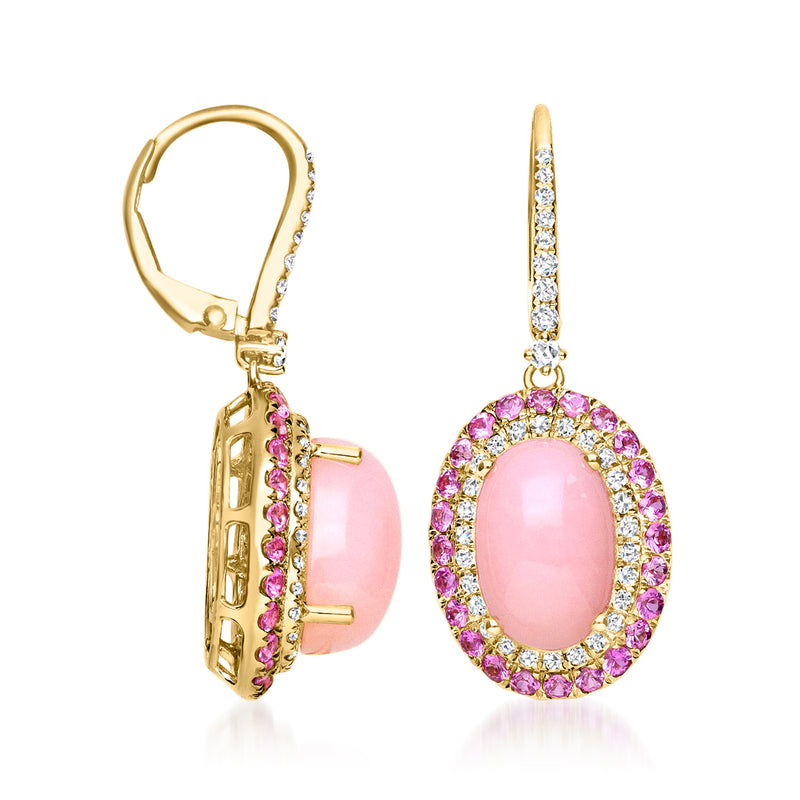 Leverback drop earrings with pink oval gemstone and diamond halo in 14kt yellow gold.