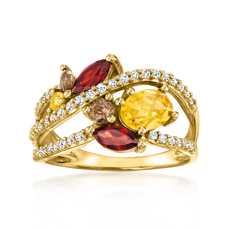 14kt yellow gold multi-gemstone ring with diamonds and red, yellow, clear stones