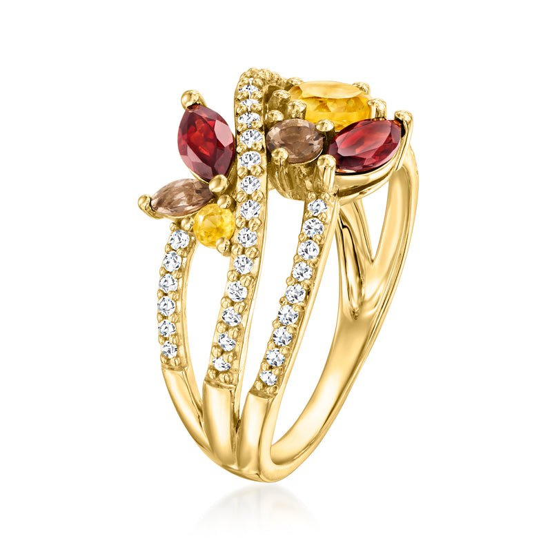 14kt yellow gold multi-gemstone ring with diamonds and red, yellow, and brown stones