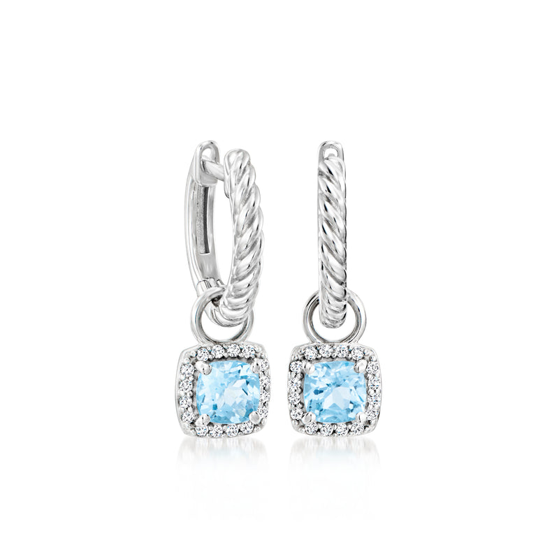 Sterling silver hoop earrings with blue square topaz drop in halo setting