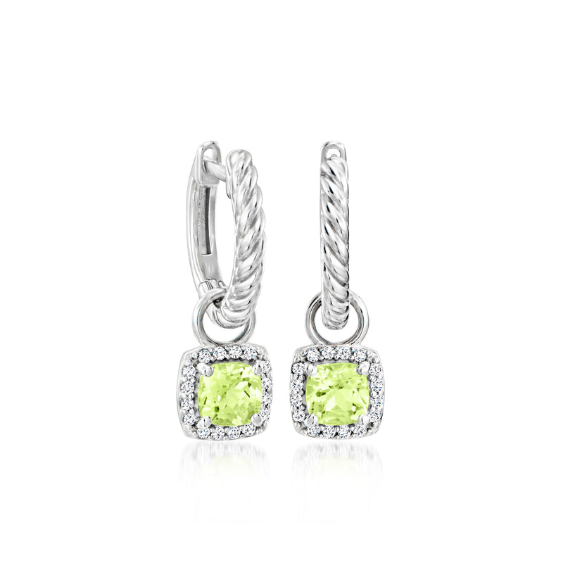 Sterling silver hoop earrings with green peridot and clear white topaz accents