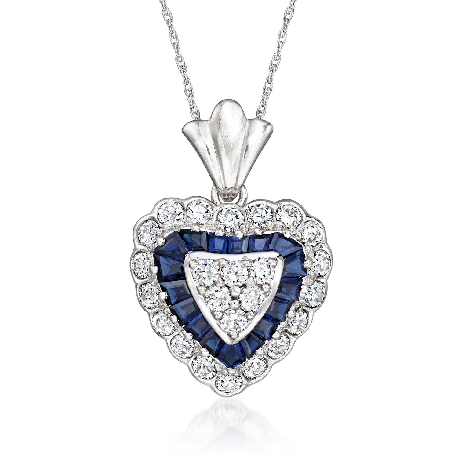 Pre-owned Ross-simons C. 1990 Vintage 1.97 Ct. T.w. Diamond And 1.73 Ct. T.w. Sapphire Heart Pendant Necklace In Platinum In Silver