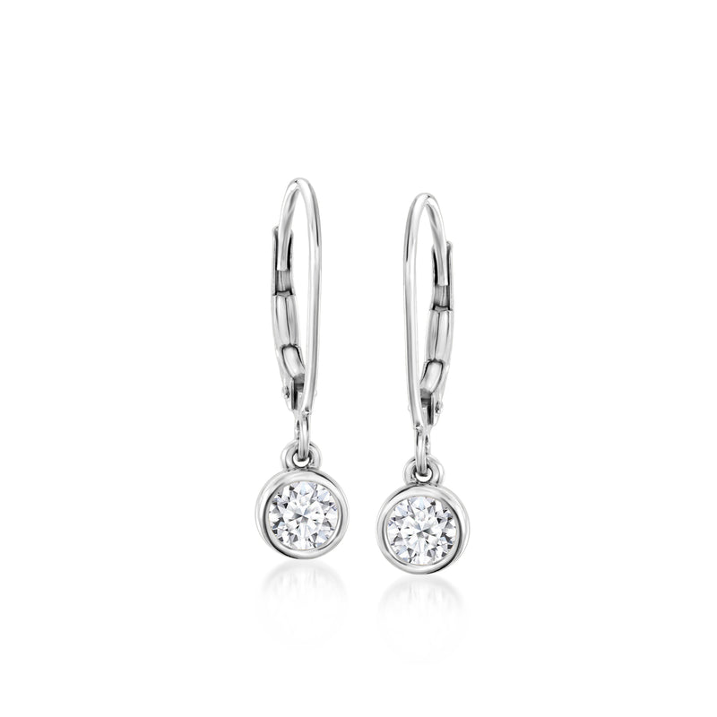 Sterling silver lab-grown diamond drop earrings, round bezel stones, leverback