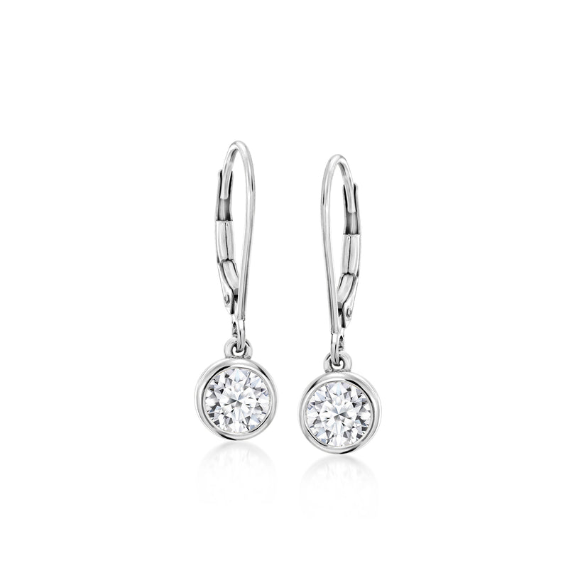Sterling silver bezel-set round diamond drop earrings with leverback clasps