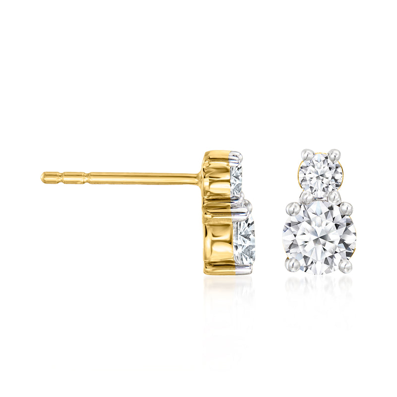 Two-stone lab-grown diamond stud earrings with gold posts and clear stones, side view