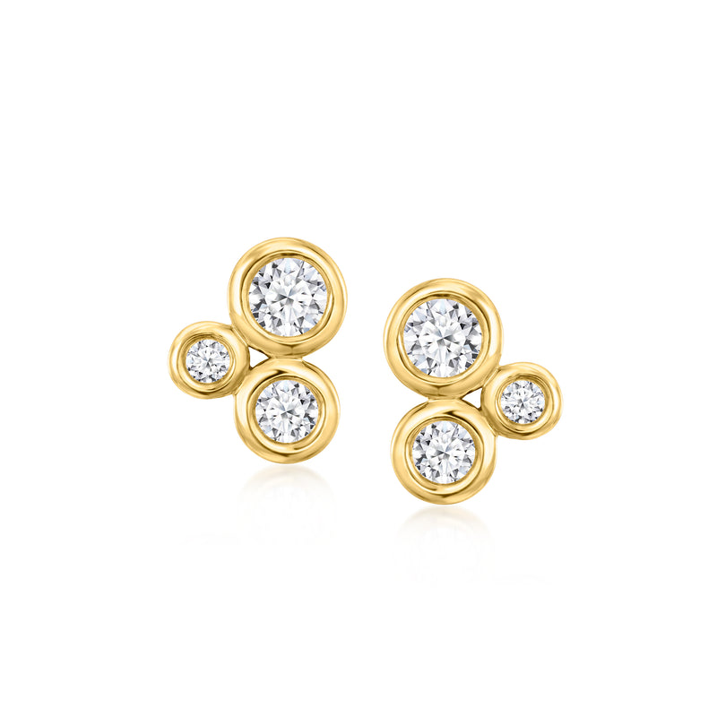 Gold bezel-set trio diamond stud earrings with three round stones, post backs