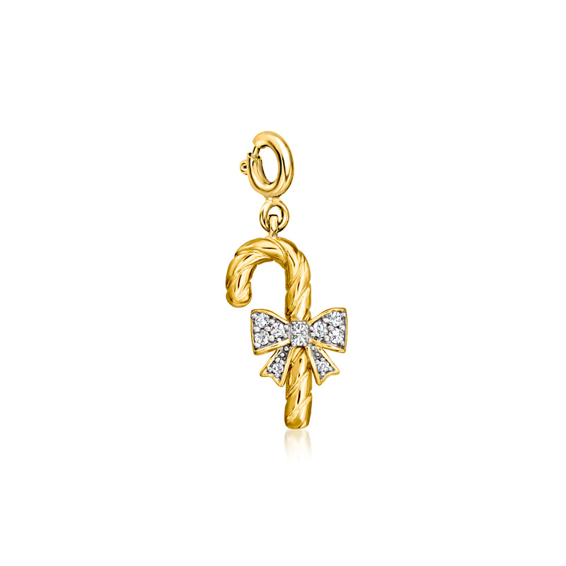Diamond candy cane charm with bow, 18kt gold over sterling, small hanging loop