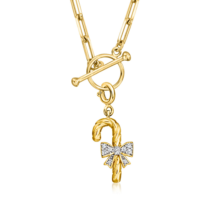 Diamond candy cane charm pendant with bow, 18kt gold over sterling, on gold chain