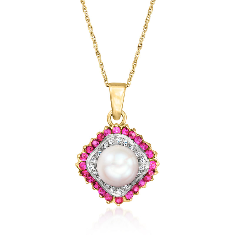 14kt yellow gold pendant necklace with cultured pearl, ruby halo, and diamond border
