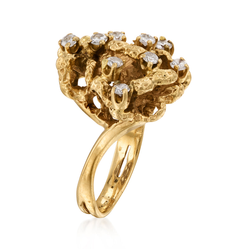 14k yellow gold diamond cluster ring with raised round prong-set stones, side view