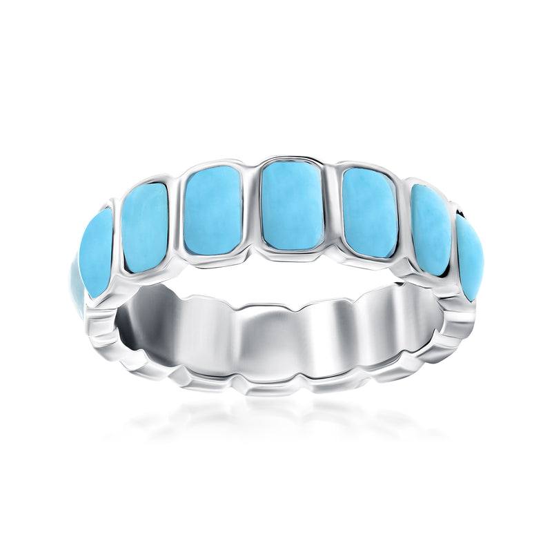 Sterling silver eternity band with five light-blue rectangular larimar stones