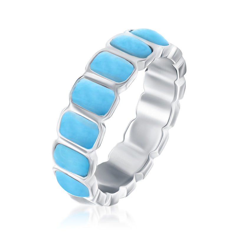 Sterling silver eternity band with blue rectangular gemstones, curved profile