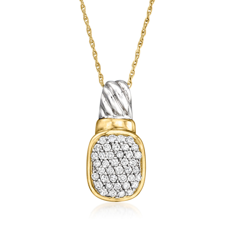 Two-tone gold diamond cluster pendant necklace, cushion-shaped round diamonds