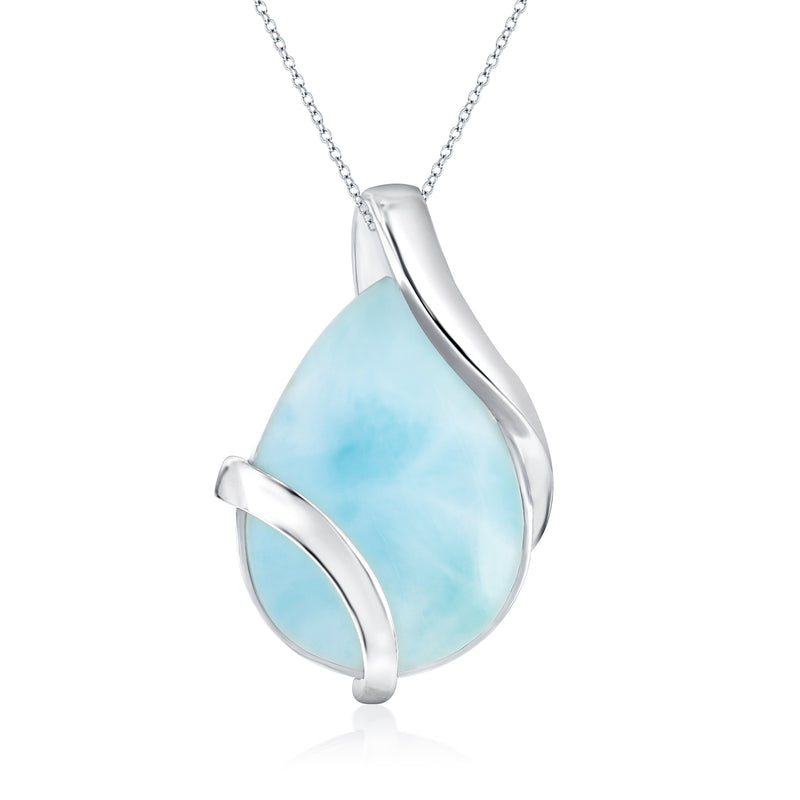 Sterling silver pear larimar pendant necklace with teardrop blue stone and chain