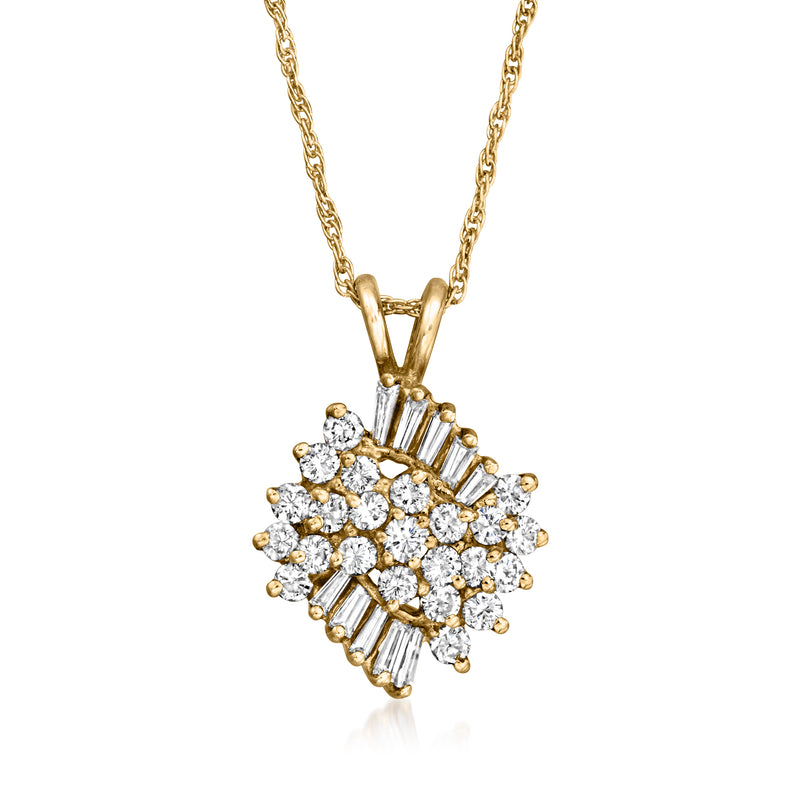 14kt yellow gold diamond cluster pendant necklace with round and baguette stones