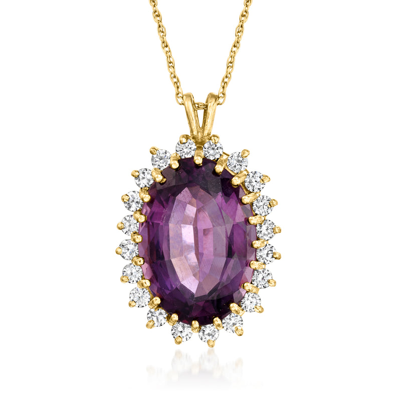 14kt yellow gold amethyst pendant with diamond halo, on chain