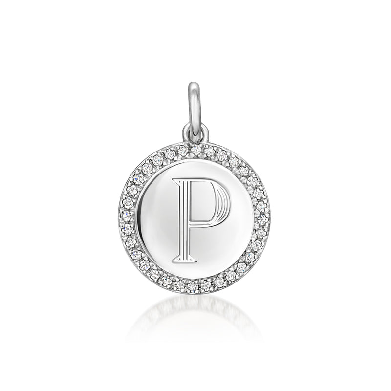 Diamond personalized circle charm in sterling silver with P initial