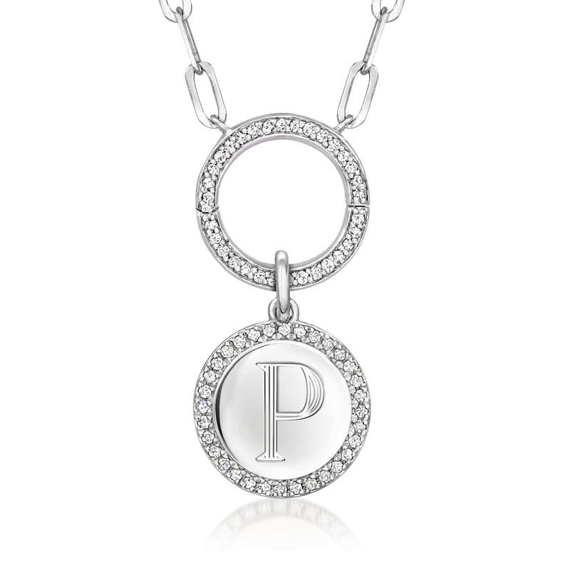 Sterling silver two-circle charm set on chain; top blank, bottom engraved letter P