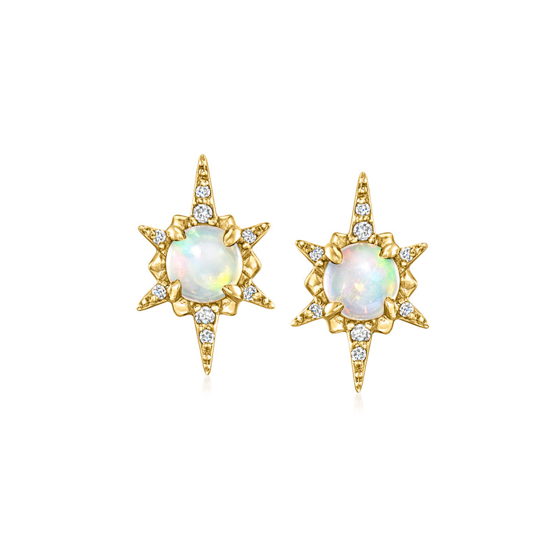 Yellow gold opal starburst stud earrings with diamond accents and post backs