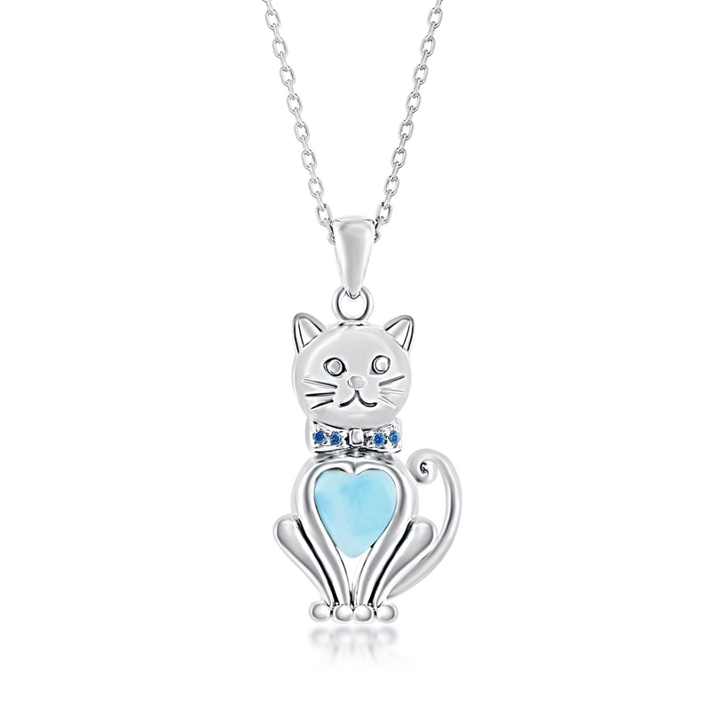 Sterling silver cat pendant necklace with blue heart-shaped stone and chain