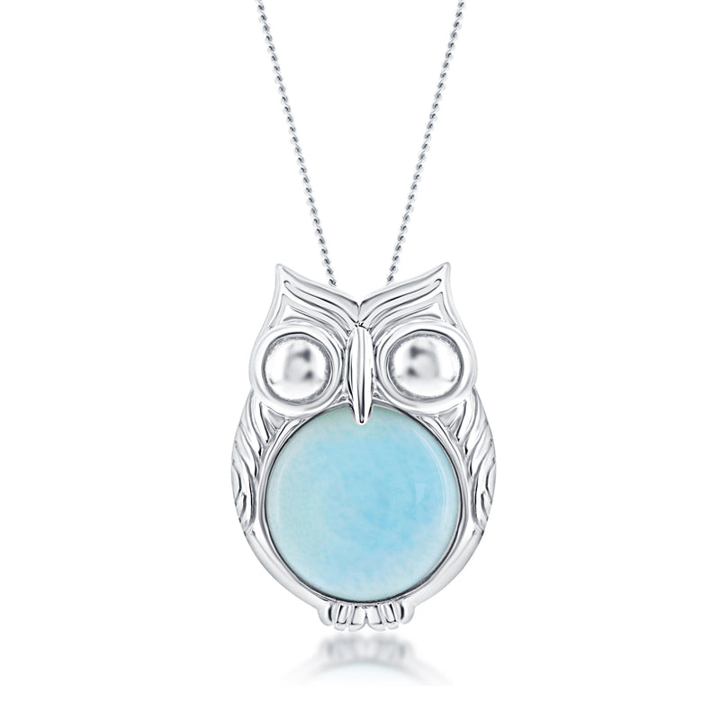 Sterling silver owl pendant necklace with light blue larimar stone center