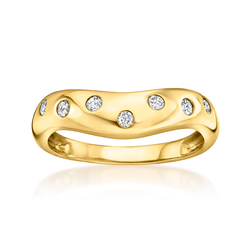 Curved gold over sterling ring with round diamond accents, polished band