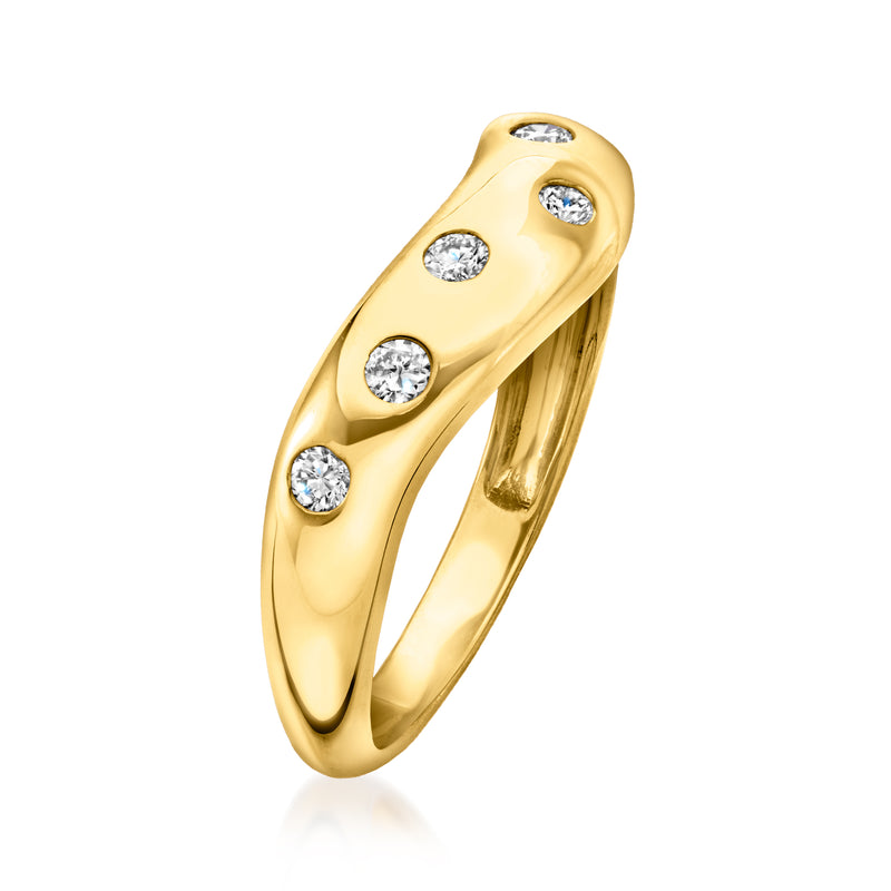 Curved gold ring with five round diamond stones, polished domed band