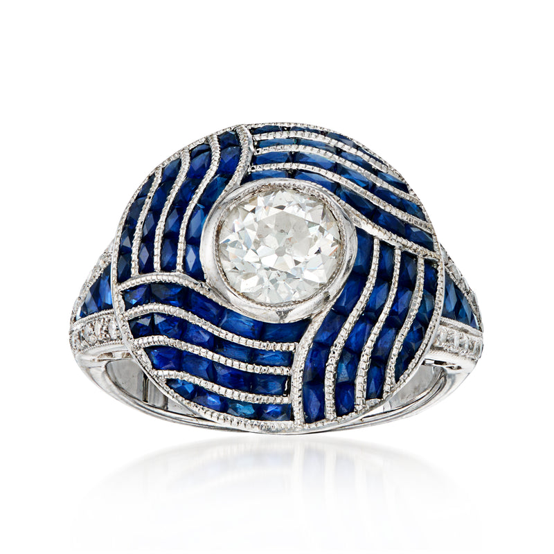 Sapphire and diamond ring with oval center stone, blue enamel lattice, white gold