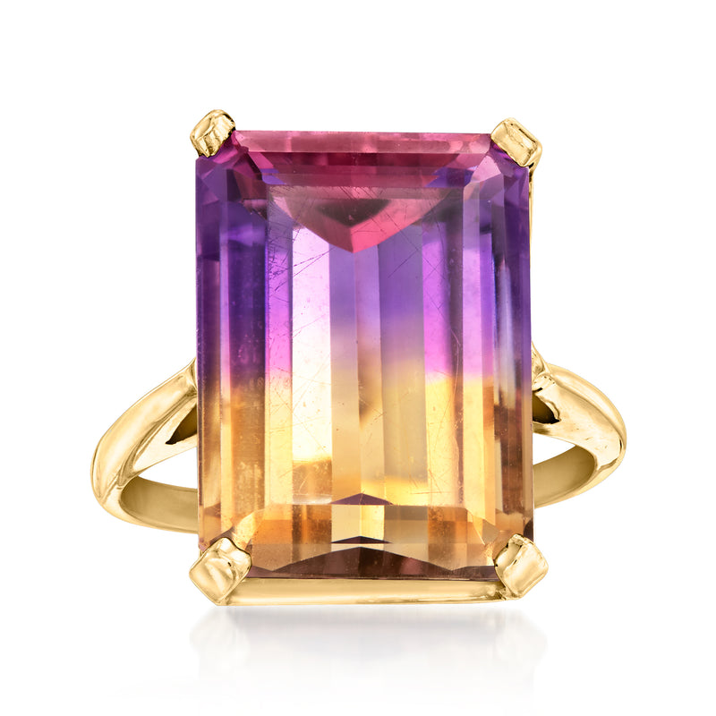 Vintage yellow gold ametrine ring with large emerald-cut gemstone and four prongs