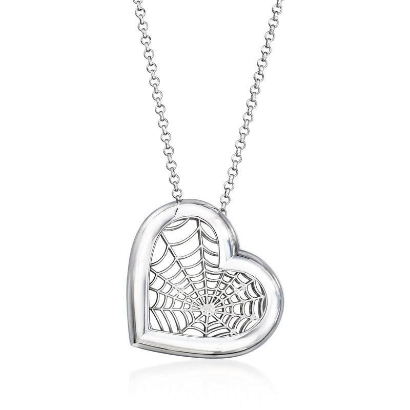 Sterling silver heart pendant necklace with spider web filigree, link chain