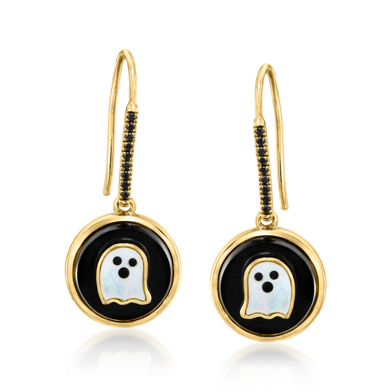 Ghost drop earrings with black enamel, mother-of-pearl, and gold hoops