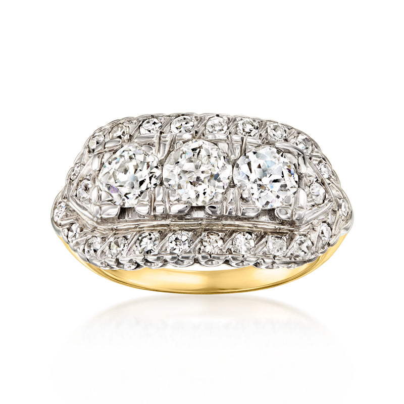 Vintage 14kt two-tone gold diamond ring with three round diamonds