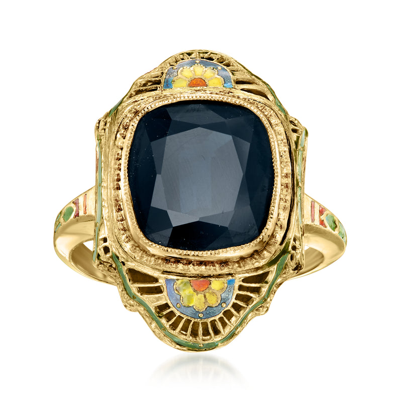 Vintage sapphire ring in 14kt yellow gold with dark blue oval stone and multicolor enamel
