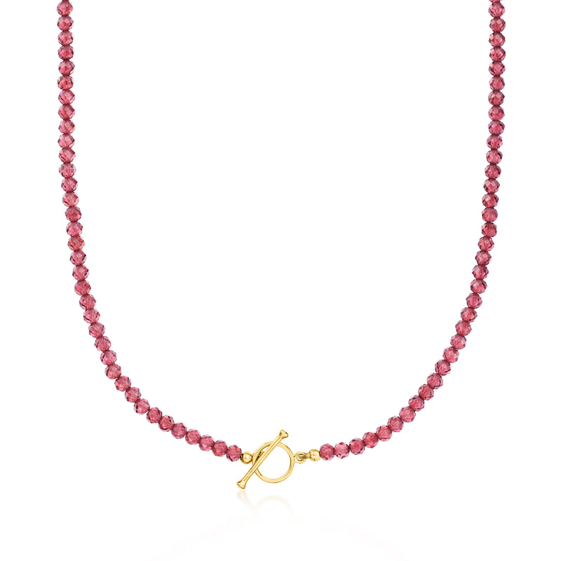 Garnet bead toggle necklace with gold toggle clasp and pink faceted beads
