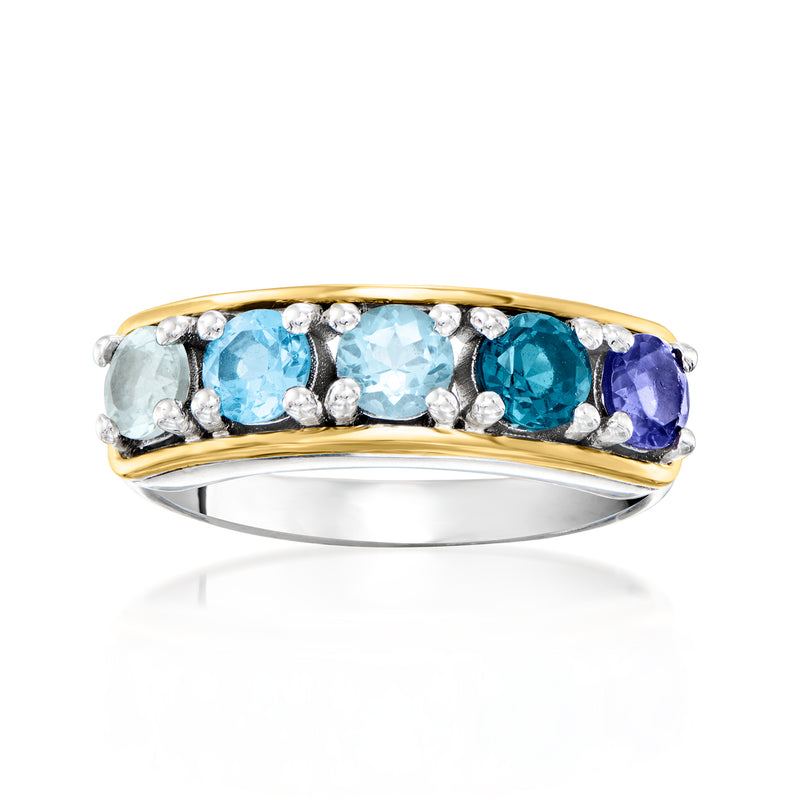 Multi-gemstone ring with oval blue stones, sterling silver and yellow gold bezel