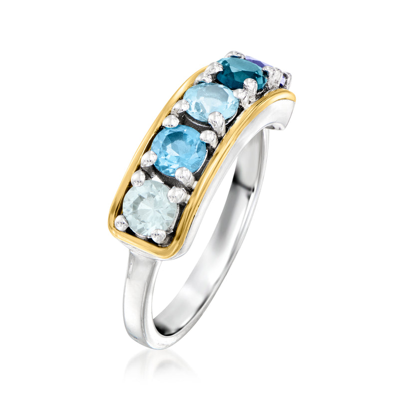 Multi-gemstone band ring with oval blue stones, sterling silver with yellow gold frame