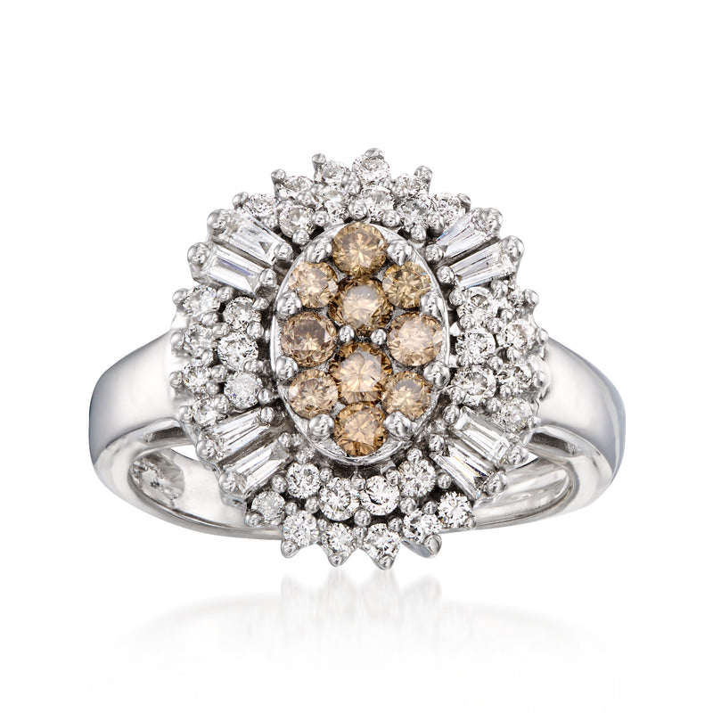 Vintage diamond cluster ring in 14kt white gold with white and brown stones, halo setting