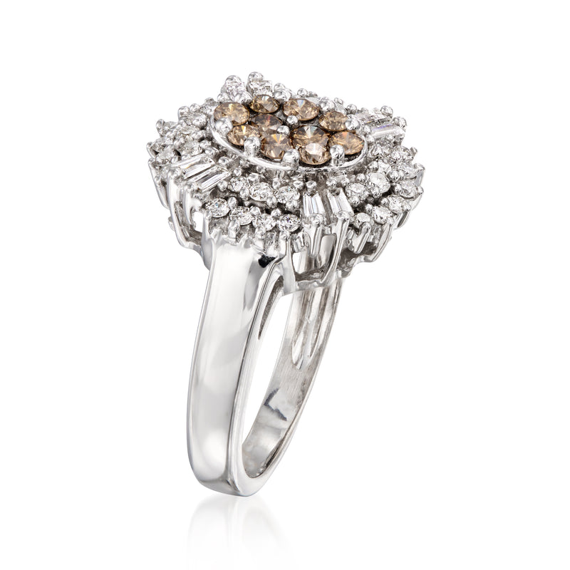 14kt white gold side view of vintage diamond cluster ring with white and brown halo