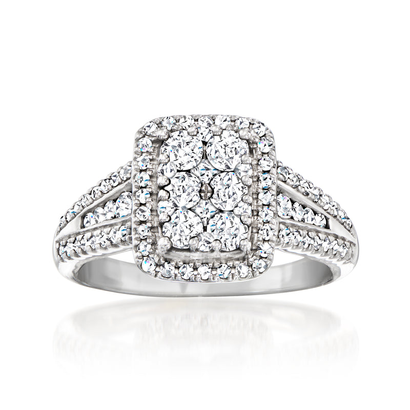 Vintage diamond cluster ring in 14kt white gold with split shank