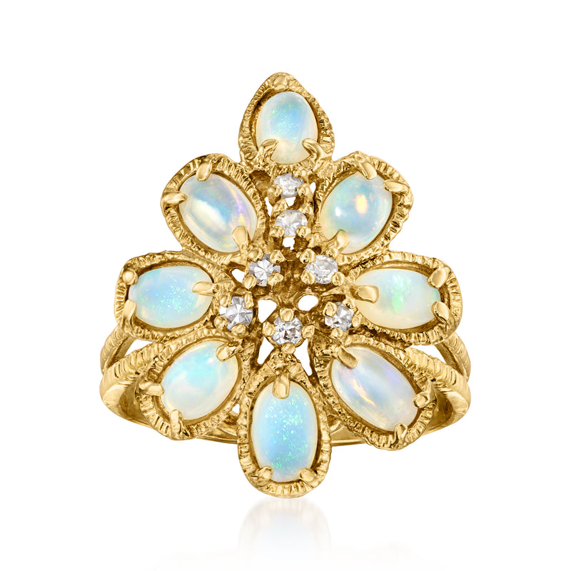 14kt yellow gold opal and diamond flower cluster ring with blue-white opals