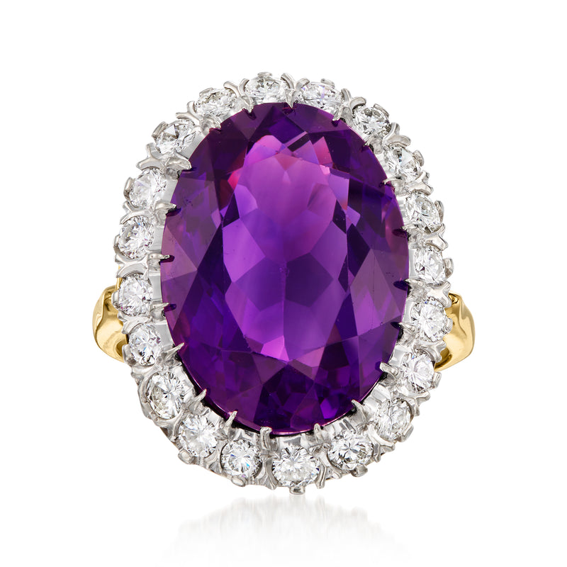 Vintage amethyst oval ring with diamond halo and 14kt yellow gold setting